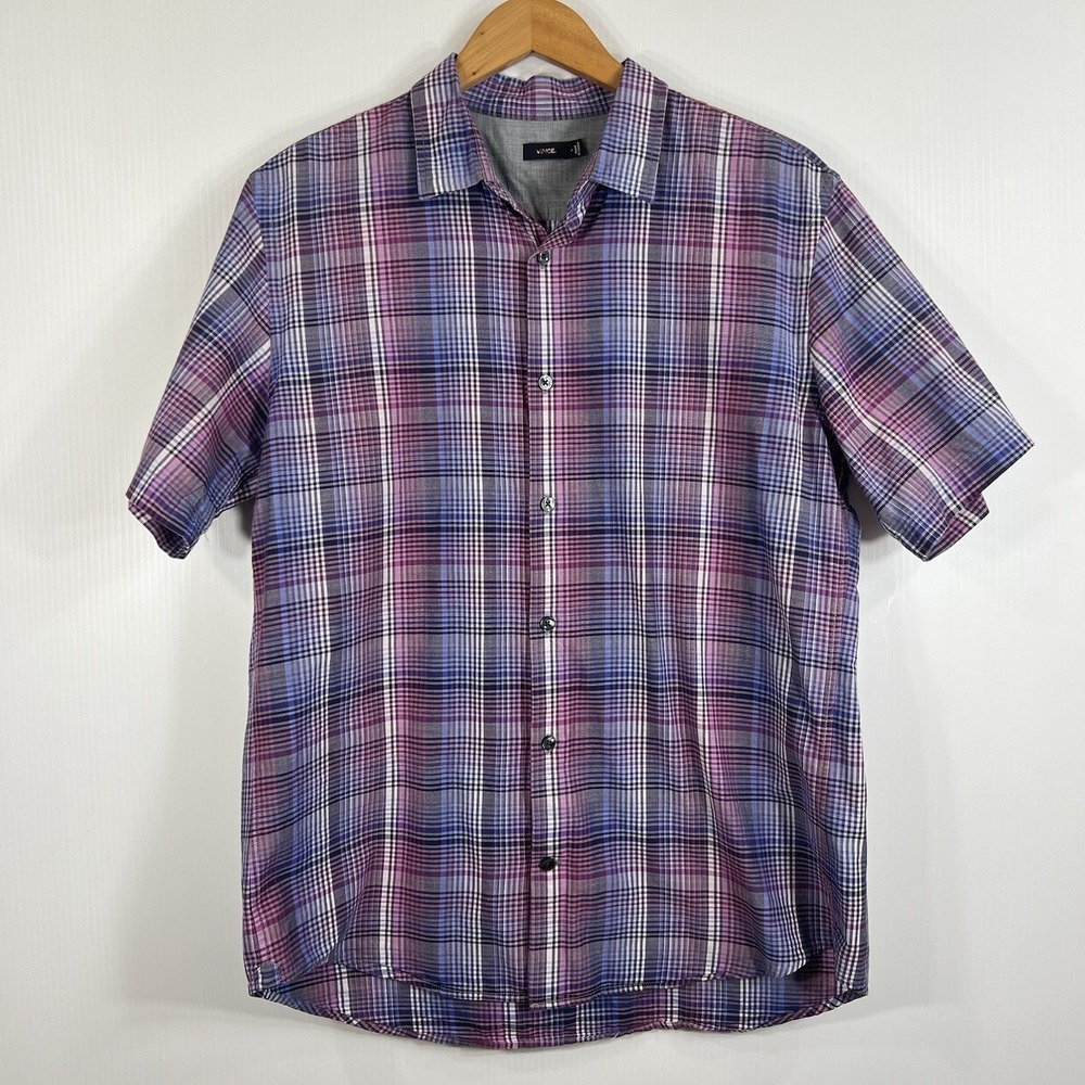 VINCE Mens Plaid Shirt Size Large Purple Gradient Button Up Short Sleeve Cotton